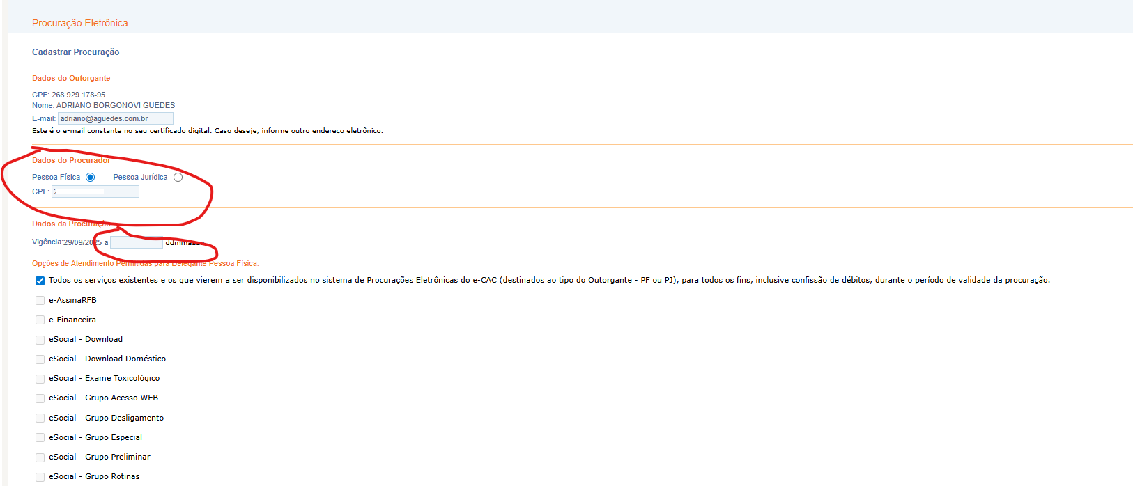 Formulário de cadastro de procuração