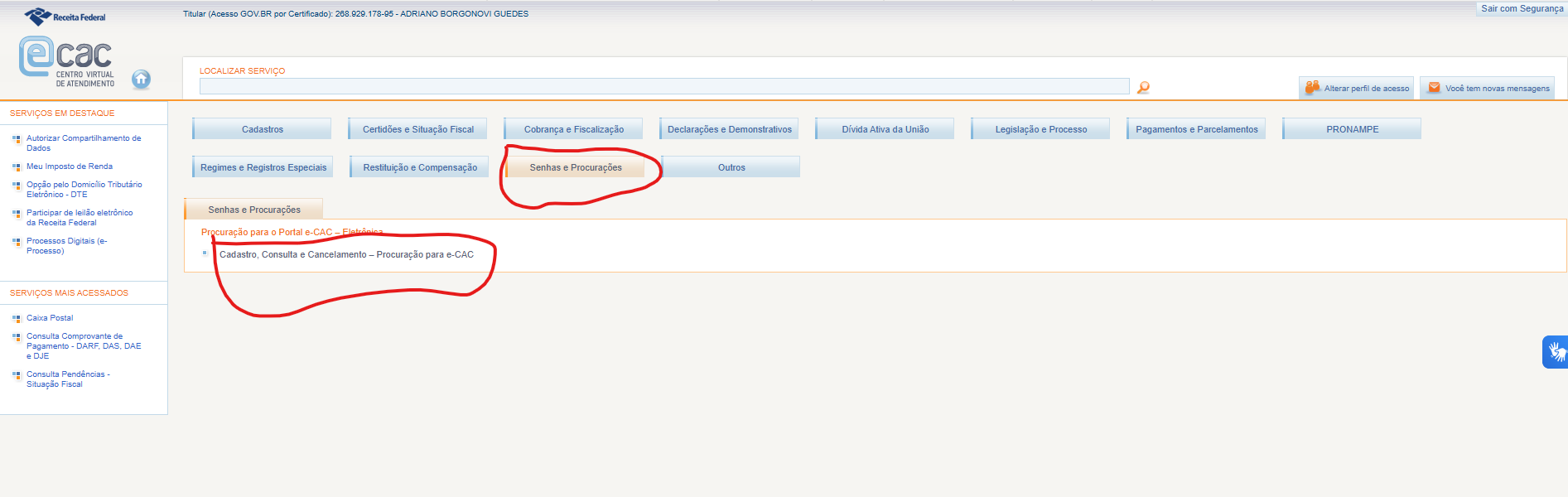 Menu de procuração eletrônica